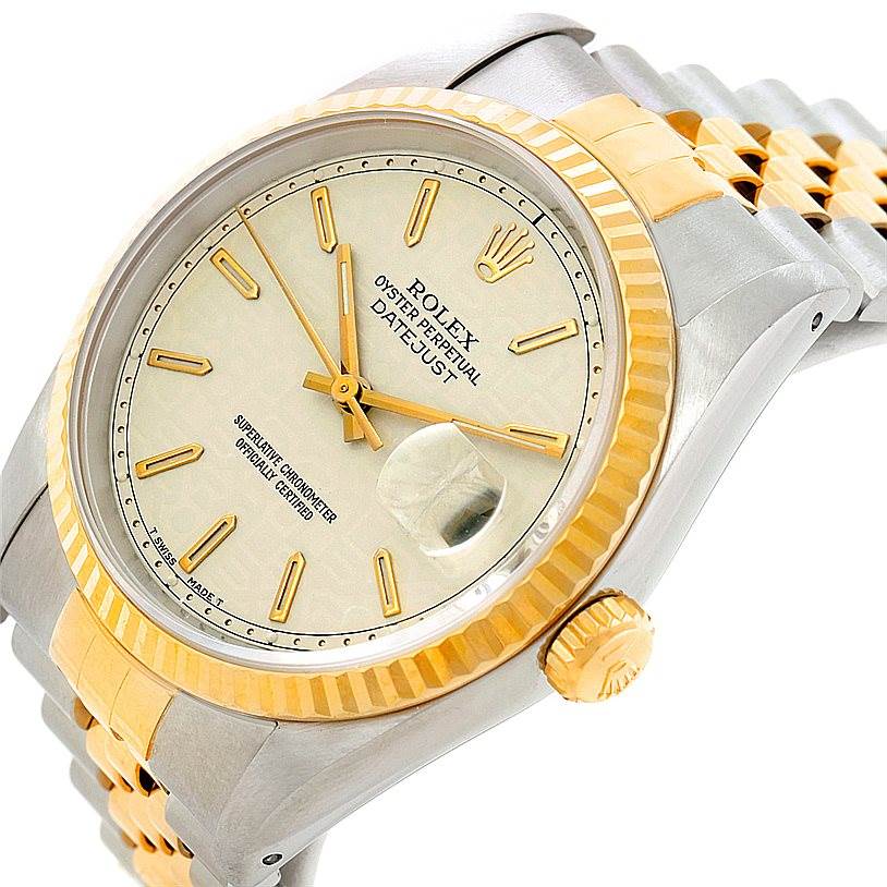 The image shows a close-up angled view of a Rolex Datejust 16233 Men's Steel and Gold (two tone) Beige Dial 16233 Men's Steel and Gold (two tone) Beige Dial watch highlighting the dial, bezel, crown, and a portion of the bracelet.