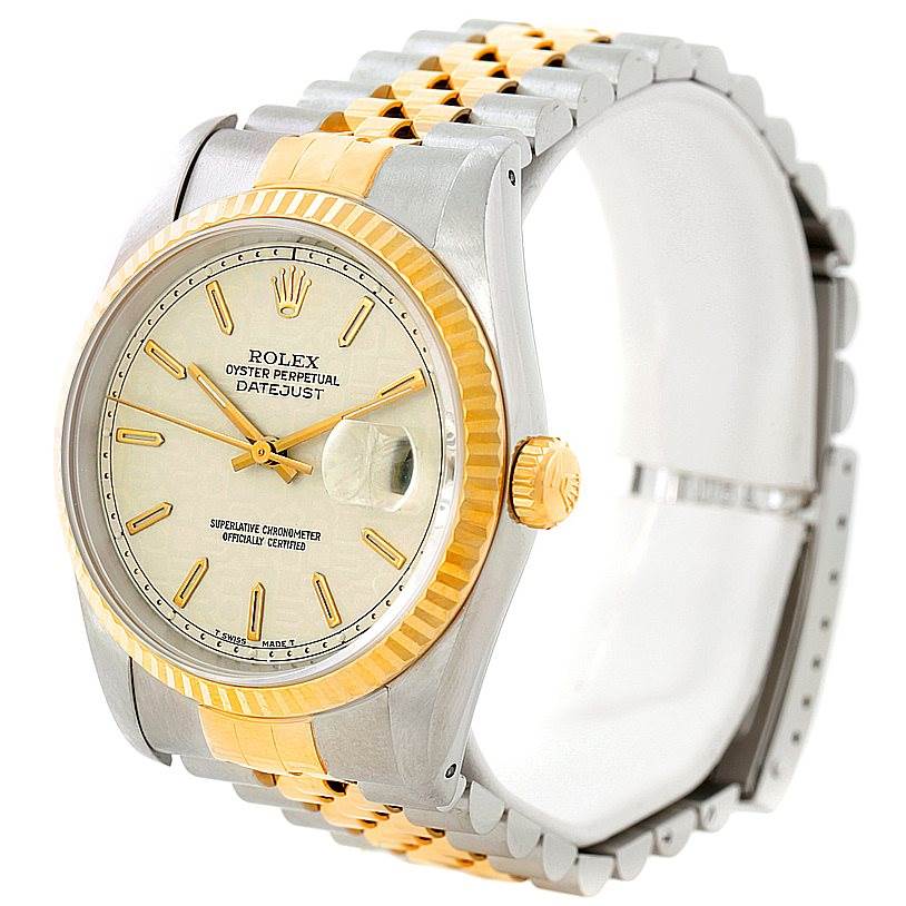 The image shows a Rolex Datejust 16233 Men's Steel and Gold (two tone) Beige Dial 16233 Men's Steel and Gold (two tone) Beige Dial watch at a three-quarter angle, highlighting the face, bezel, and bracelet.