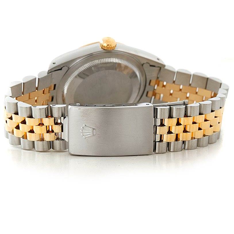 The image shows the back of a Rolex Datejust 16233 Men's Steel and Gold (two tone) Beige Dial 16233 Men's Steel and Gold (two tone) Beige Dial watch, highlighting the Jubilee bracelet and clasp.
