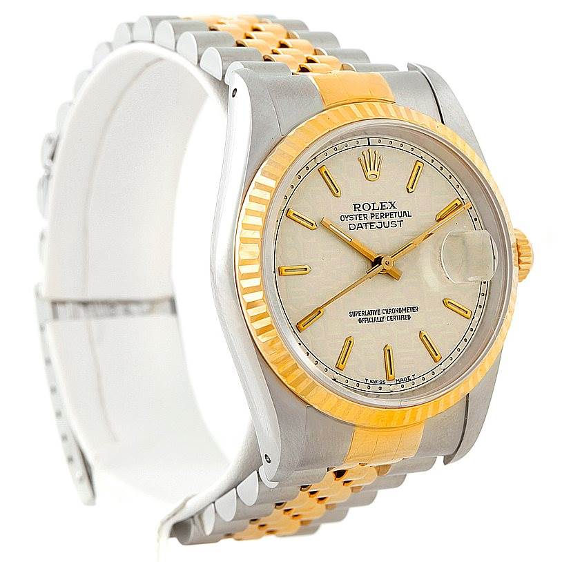 The image shows a Rolex Datejust 16233 Men's Steel and Gold (two tone) Beige Dial 16233 Men's Steel and Gold (two tone) Beige Dial watch at a three-quarter angle, highlighting its two-tone bracelet, fluted bezel, and date window.