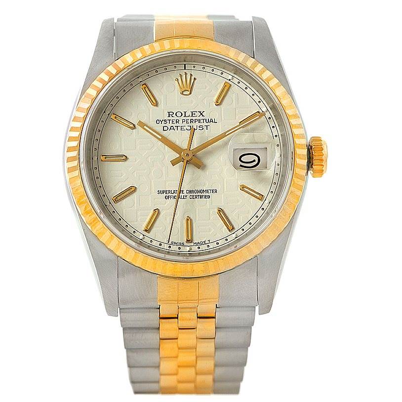 The Rolex Datejust 16233 Men's Steel and Gold (two tone) Beige Dial 16233 Men's Steel and Gold (two tone) Beige Dial is shown from a front angle, displaying the face, bezel, crown, and bracelet links.