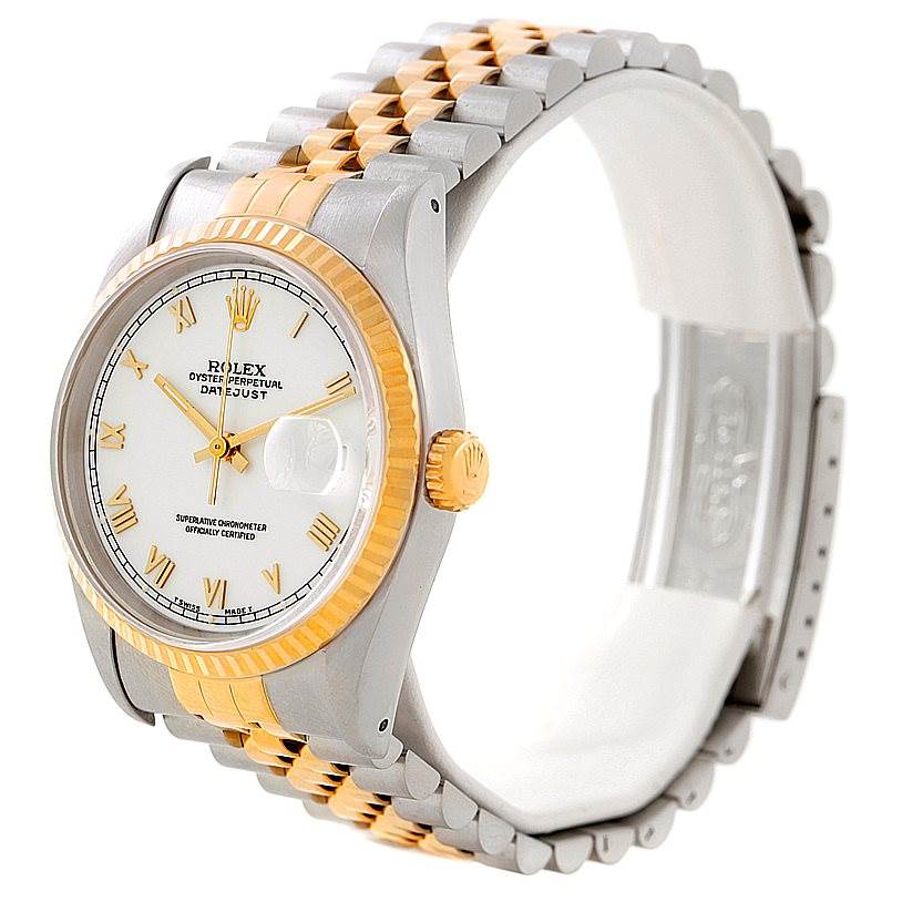 The image shows a Rolex Datejust 16233 Men's Steel and Gold (two tone) White Dial 16233 Men's Steel and Gold (two tone) White Dial watch at a three-quarter angle, highlighting its two-tone bracelet, bezel, dial, and crown.