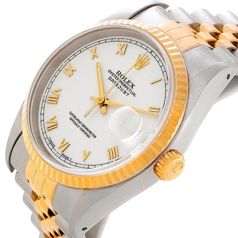 This image shows a side angle of the Rolex Datejust 16233 Men's Steel and Gold (two tone) White Dial 16233 Men's Steel and Gold (two tone) White Dial, highlighting its gold bezel, crown, and part of the bracelet.
