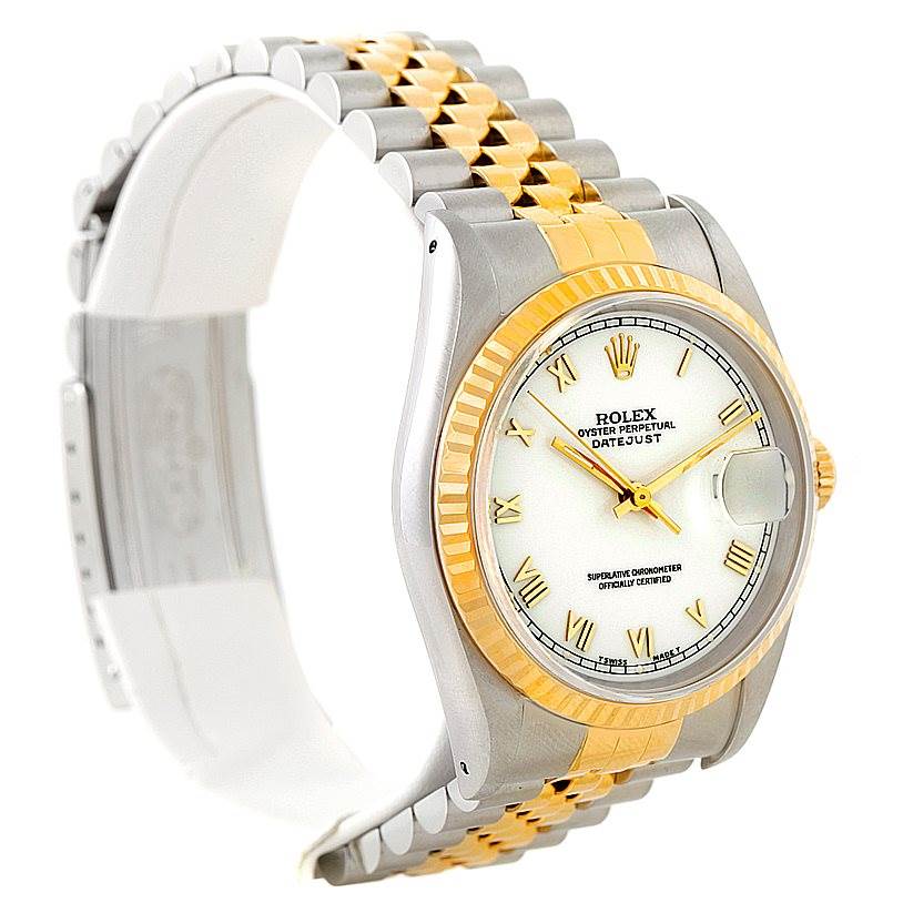 The image shows a Rolex Datejust 16233 Men's Steel and Gold (two tone) White Dial 16233 Men's Steel and Gold (two tone) White Dial watch at a side angle, displaying its two-tone bracelet, fluted bezel, and dial with a date window.