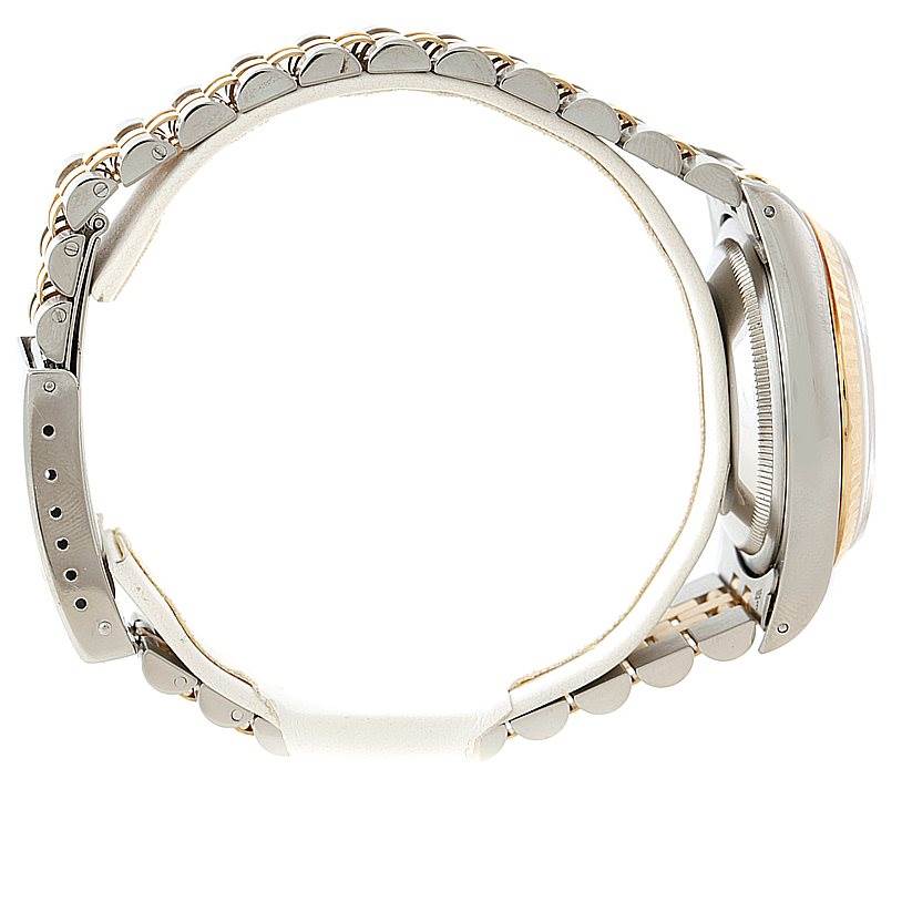 The image shows a side view of the Rolex Datejust 16233 Men's Steel and Gold (two tone) White Dial 16233 Men's Steel and Gold (two tone) White Dial watch, highlighting its bracelet, clasp, and case.