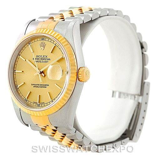 The image shows a Rolex Datejust 16233 Men's Steel and Gold (two tone) Champagne Dial 16233 Men's Steel and Gold (two tone) Champagne Dial watch at an angled side view, highlighting the gold bezel, dial, and two-tone bracelet.