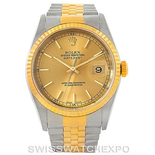 The Rolex Datejust 16233 Men's Steel and Gold (two tone) Champagne Dial 16233 Men's Steel and Gold (two tone) Champagne Dial watch is shown from a front angle, displaying the dial, bezel, crown, and bracelet.
