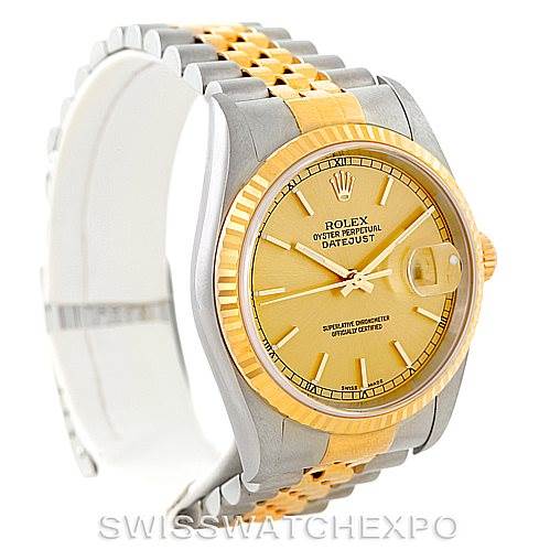 The image shows the Rolex Datejust 16233 Men's Steel and Gold (two tone) Champagne Dial 16233 Men's Steel and Gold (two tone) Champagne Dial watch from a front-left angle, highlighting its two-tone bracelet, bezel, and champagne dial.