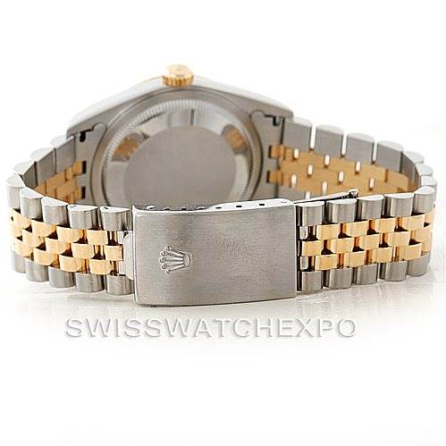 The image shows the back of the Rolex Datejust 16233 Men's Steel and Gold (two tone) Champagne Dial 16233 Men's Steel and Gold (two tone) Champagne Dial watch, focusing on the case back and jubilee bracelet with clasp.