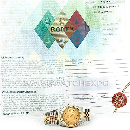 The image shows a Rolex Datejust 16233 Men's Steel and Gold (two tone) Champagne Dial 16233 Men's Steel and Gold (two tone) Champagne Dial watch with a champagne dial, along with its warranty card and official chronometer certification paperwork.