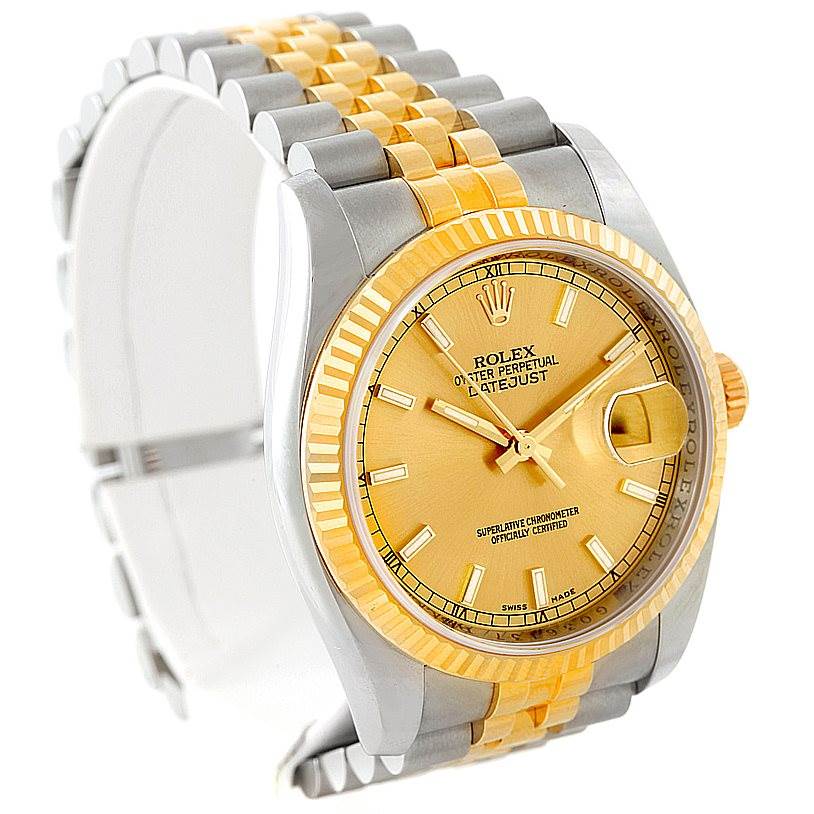 This image shows a Rolex Datejust 116233 Men
s Stainless Steel Champagne Dial 116233 Men
s Stainless Steel Champagne Dial watch at a three-quarter view, highlighting its face, bezel, and two-tone bracelet.