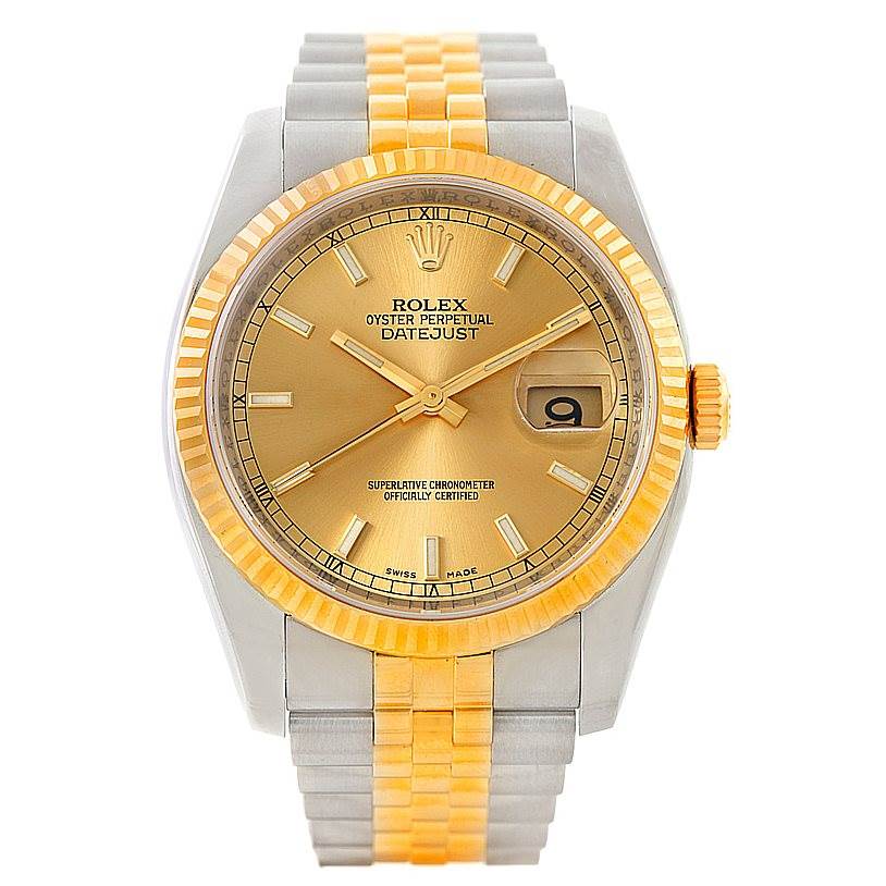 This image shows a front view of a Rolex Datejust 116233 Men
s Stainless Steel Champagne Dial 116233 Men
s Stainless Steel Champagne Dial watch, highlighting its gold dial, bezel, and two-tone bracelet.