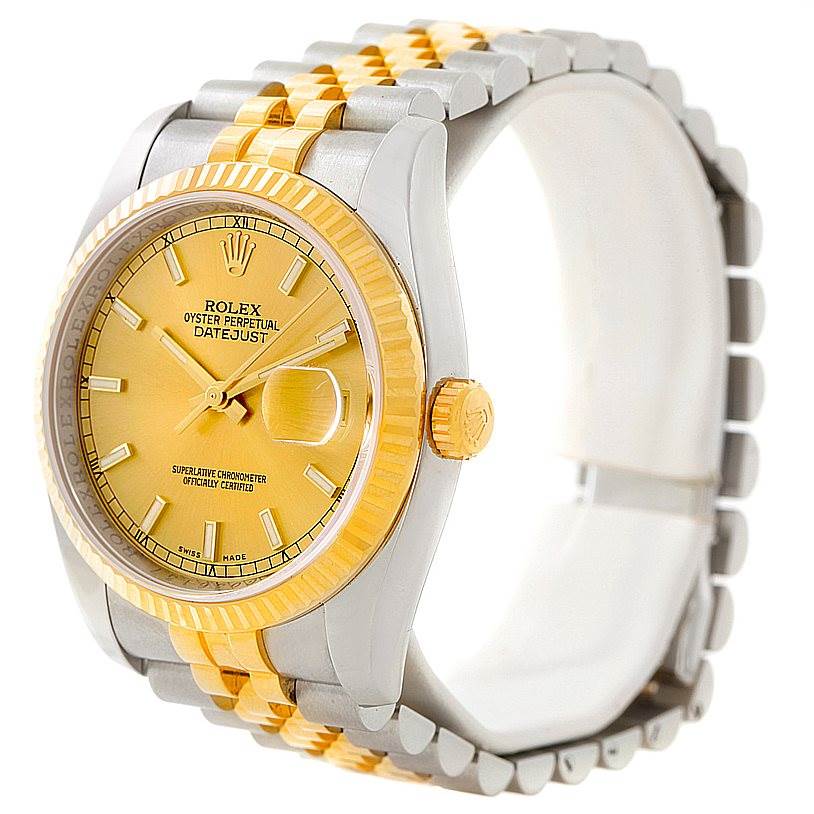 The image shows a Rolex Datejust 116233 Men
s Stainless Steel Champagne Dial 116233 Men
s Stainless Steel Champagne Dial model watch from an angled side view, highlighting its yellow dial, bracelet, and fluted bezel.