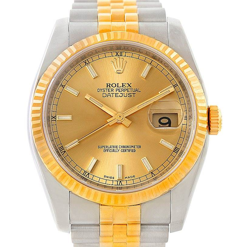 The image shows a frontal view of a Rolex Datejust 116233 Men
s Stainless Steel Champagne Dial 116233 Men
s Stainless Steel Champagne Dial watch, featuring a gold bezel and two-tone bracelet.
