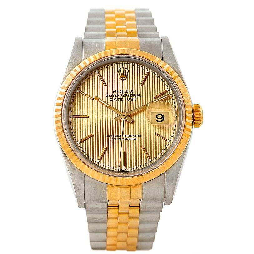 This image shows a frontal view of a Rolex Datejust 16233 Men's Steel and Gold (two tone) Champagne Dial 16233 Men's Steel and Gold (two tone) Champagne Dial watch, featuring the dial, bezel, and bracelet.