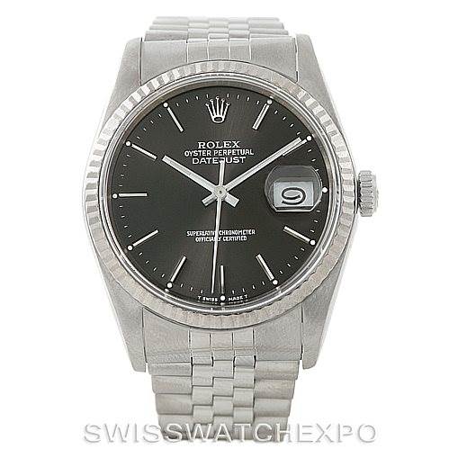 The Rolex Datejust 16234 Men's Stainless Steel Grey Dial 16234 Men's Stainless Steel Grey Dial watch is shown from a top-down angle, displaying its face, bezel, crown, and bracelet.