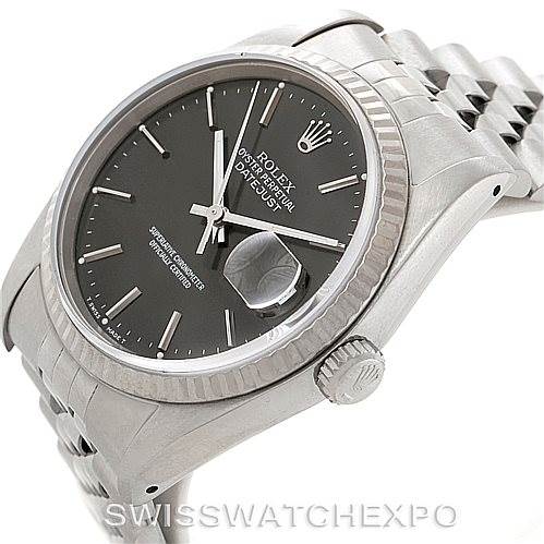 The image shows the Rolex Datejust 16234 Men's Stainless Steel Grey Dial 16234 Men's Stainless Steel Grey Dial watch at a slight angle, displaying the face, bezel, crown, and part of the bracelet.