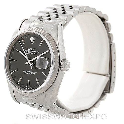 The image shows a Rolex Datejust 16234 Men's Stainless Steel Grey Dial 16234 Men's Stainless Steel Grey Dial watch at an angle displaying its face, crown, and part of the bracelet.