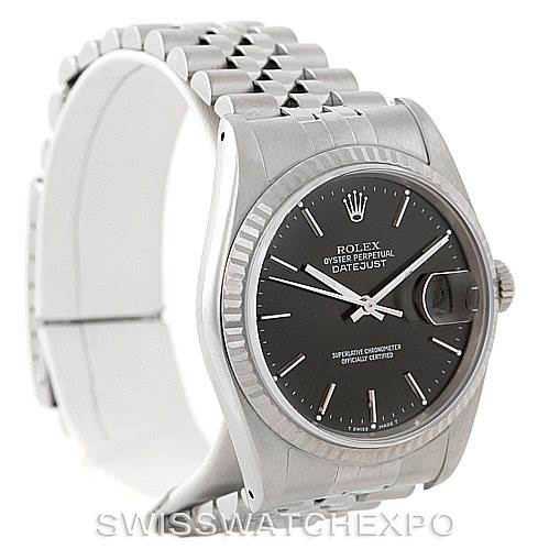 The image shows a Rolex Datejust 16234 Men's Stainless Steel Grey Dial 16234 Men's Stainless Steel Grey Dial watch from a front-left angle, displaying the face, bezel, and part of the bracelet.
