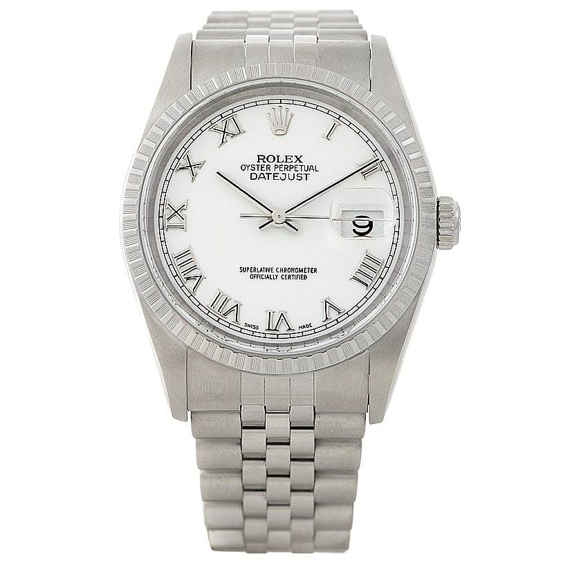 The image shows a front view of a Rolex Datejust 16220 Men's Stainless Steel White Dial 16220 Men's Stainless Steel White Dial watch, highlighting its dial, bezel, case, crown, and bracelet.