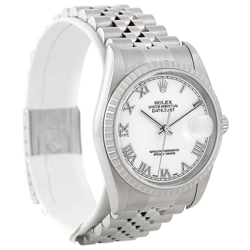 This image shows a Rolex Datejust 16220 Men's Stainless Steel White Dial 16220 Men's Stainless Steel White Dial watch from the front angle, highlighting its dial, bezel, and Jubilee bracelet.