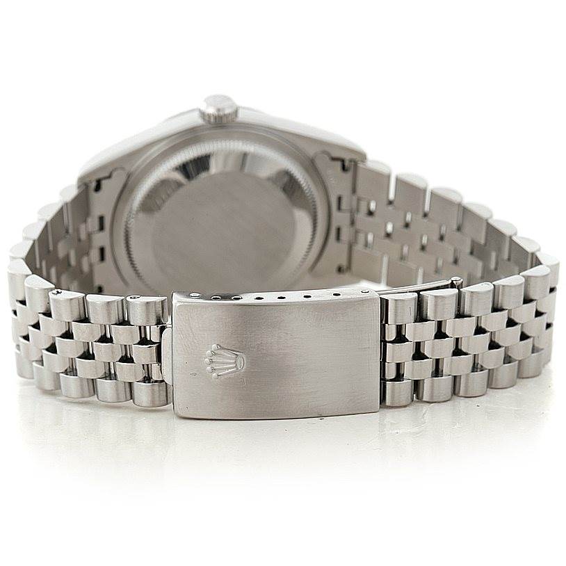 This image shows the back view of a Rolex Datejust 16220 Men's Stainless Steel White Dial 16220 Men's Stainless Steel White Dial watch, focusing on the caseback and bracelet clasp.