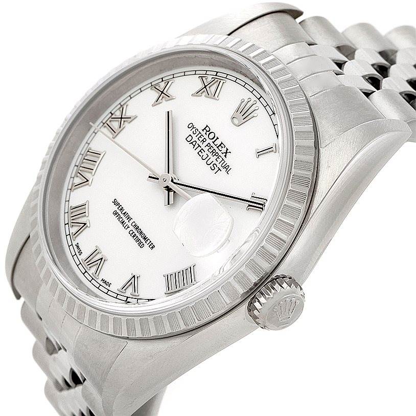 The image shows a side angle of a Rolex Datejust 16220 Men's Stainless Steel White Dial 16220 Men's Stainless Steel White Dial watch, highlighting the dial, bezel, crown, and part of the bracelet.