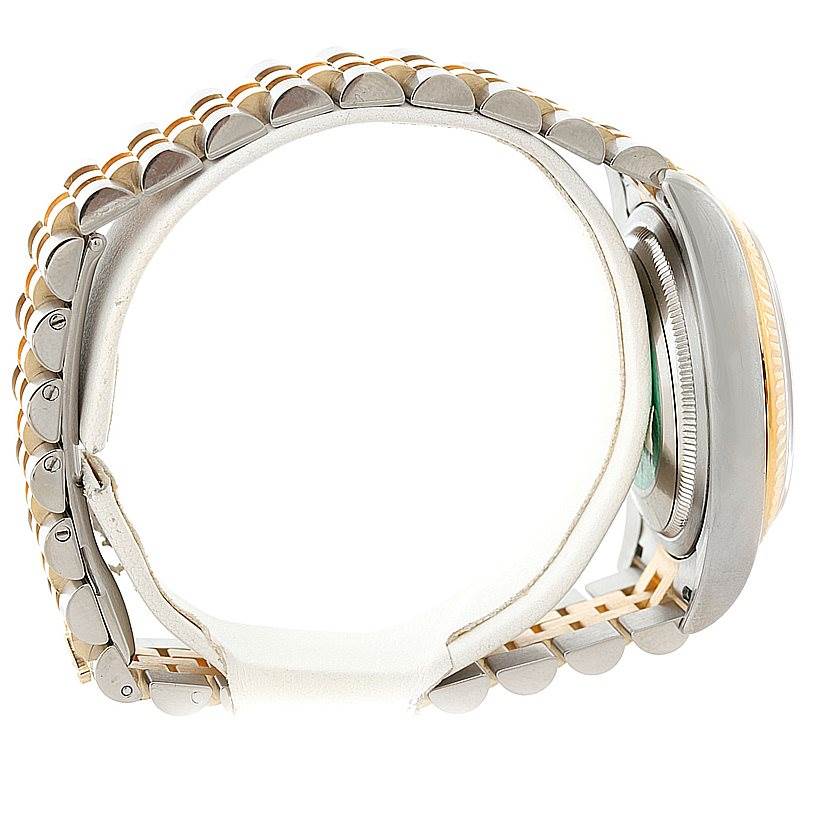 Side view of a Rolex Datejust 116233 Men's Stainless Steel Beige Dial 116233 Men's Stainless Steel Beige Dial watch showing the case, bezel, and two-tone bracelet.