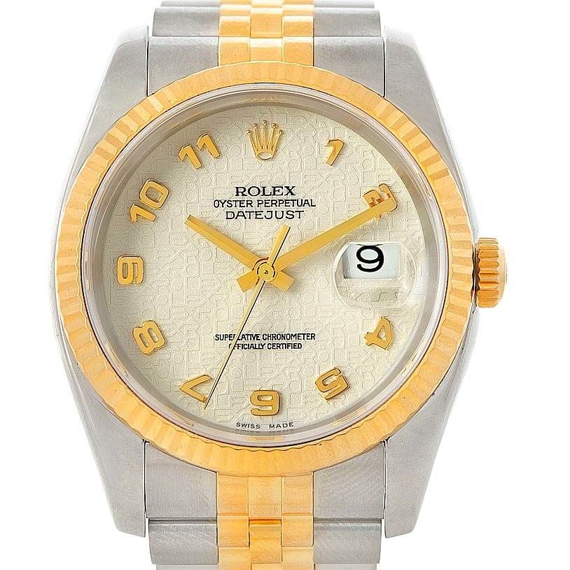 This Rolex Datejust 116233 Men's Stainless Steel Beige Dial 116233 Men's Stainless Steel Beige Dial watch is shown from a front angle displaying its face, bezel, crown, and part of the bracelet.