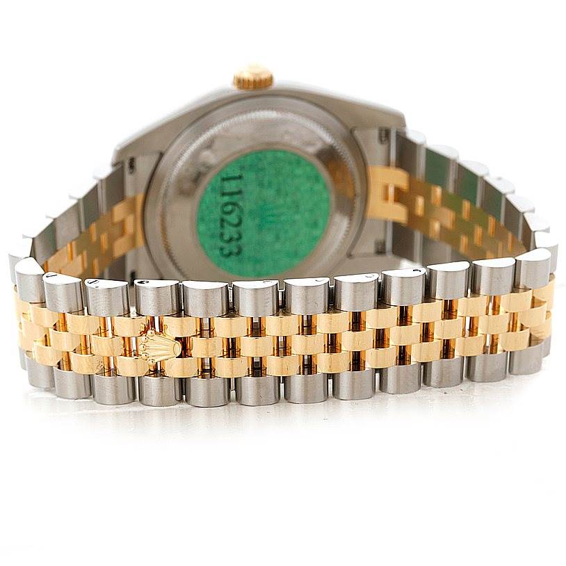 This image shows the back view of a Rolex Datejust 116233 Men's Stainless Steel Beige Dial 116233 Men's Stainless Steel Beige Dial watch, highlighting its two-tone bracelet and case back.