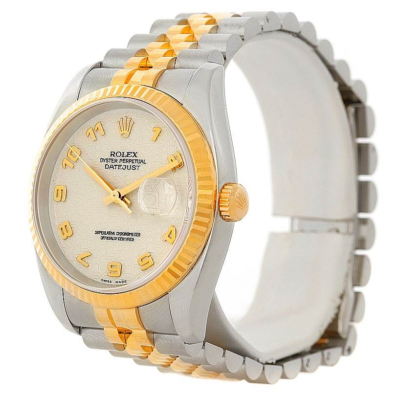 The Rolex Datejust 116233 Men's Stainless Steel Beige Dial 116233 Men's Stainless Steel Beige Dial watch is shown at a 3/4 angle, highlighting its case, bracelet, dial, and crown.