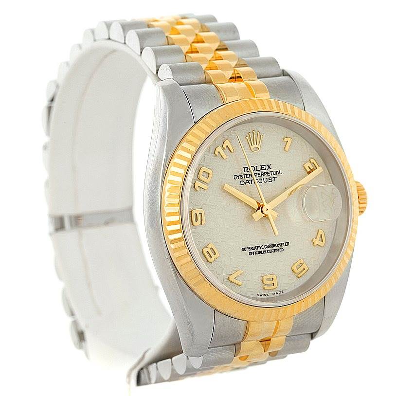 This image shows a side-front view of a Rolex Datejust 116233 Men's Stainless Steel Beige Dial 116233 Men's Stainless Steel Beige Dial watch, highlighting its silver and gold case and bracelet.