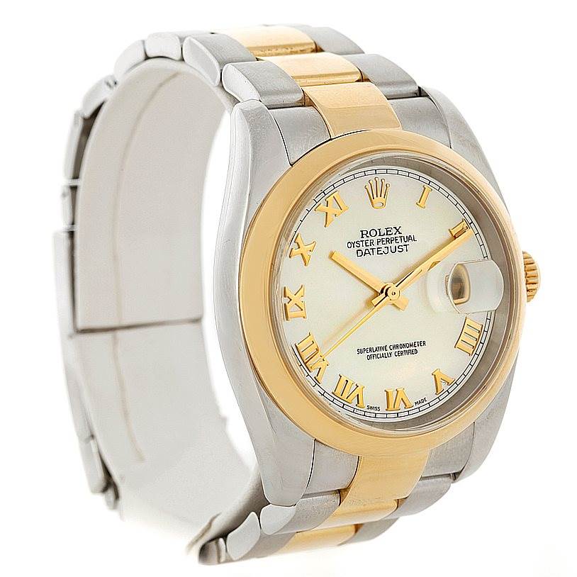 This image shows a Rolex Datejust 116203 Men's Stainless Steel Mother of Pearl Dial 116203 Men's Stainless Steel Mother of Pearl Dial watch angled from the front-left, highlighting the dial, bezel, case, and bracelet.