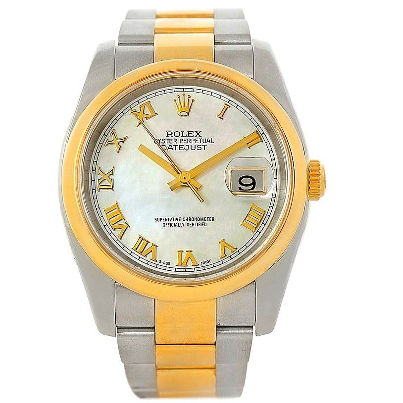 The Rolex Datejust 116203 Men's Stainless Steel Mother of Pearl Dial 116203 Men's Stainless Steel Mother of Pearl Dial watch is shown from a front angle, showcasing the face, bezel, crown, and bracelet.