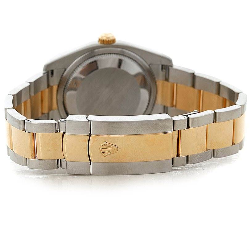 This image shows the back view of the Rolex Datejust 116203 Men's Stainless Steel Mother of Pearl Dial 116203 Men's Stainless Steel Mother of Pearl Dial, highlighting its two-tone bracelet and clasp.