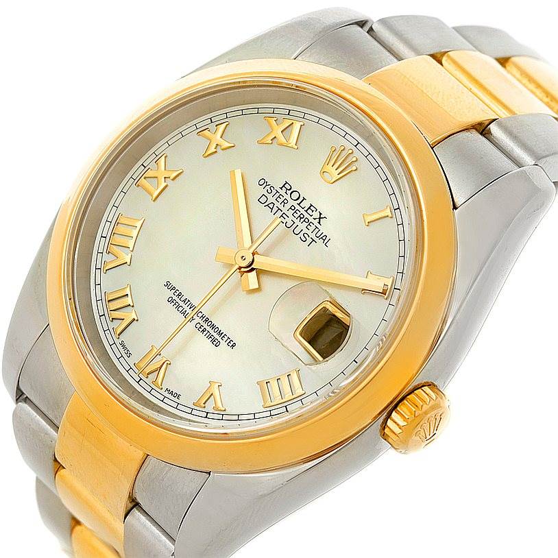 The image shows a Rolex Datejust 116203 Men's Stainless Steel Mother of Pearl Dial 116203 Men's Stainless Steel Mother of Pearl Dial watch at a slight angle, highlighting its gold and stainless steel band, bezel, dial, and date window.