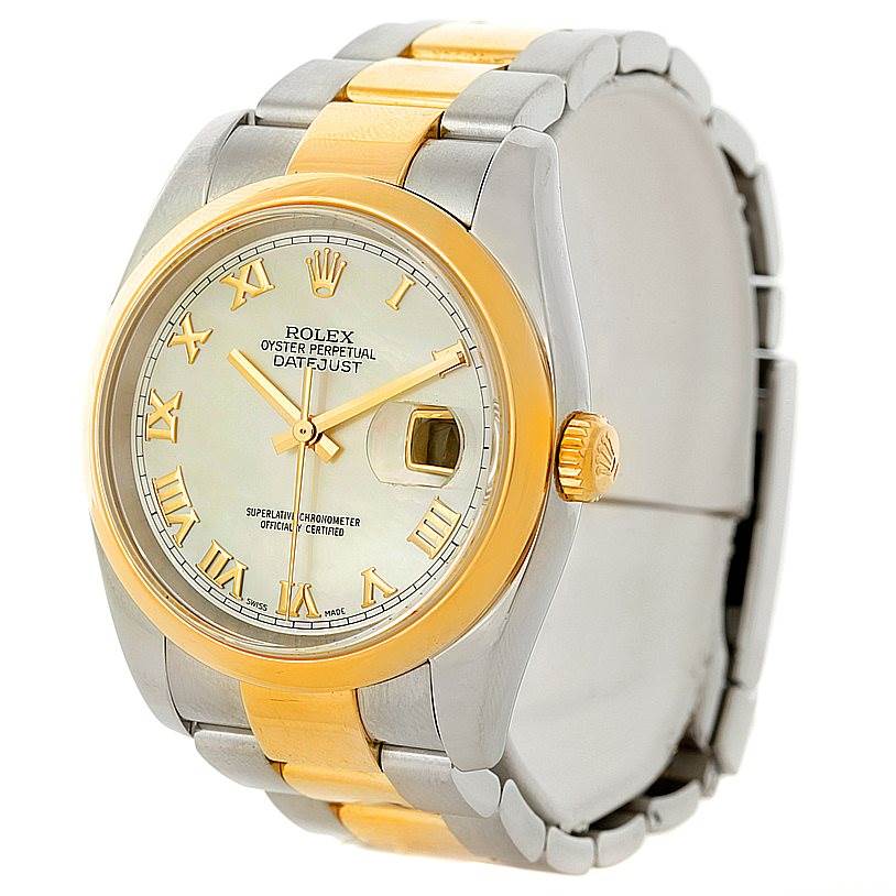 The image shows a front and slightly angled view of a Rolex Datejust 116203 Men's Stainless Steel Mother of Pearl Dial 116203 Men's Stainless Steel Mother of Pearl Dial watch, highlighting its dial, bracelet, and crown.