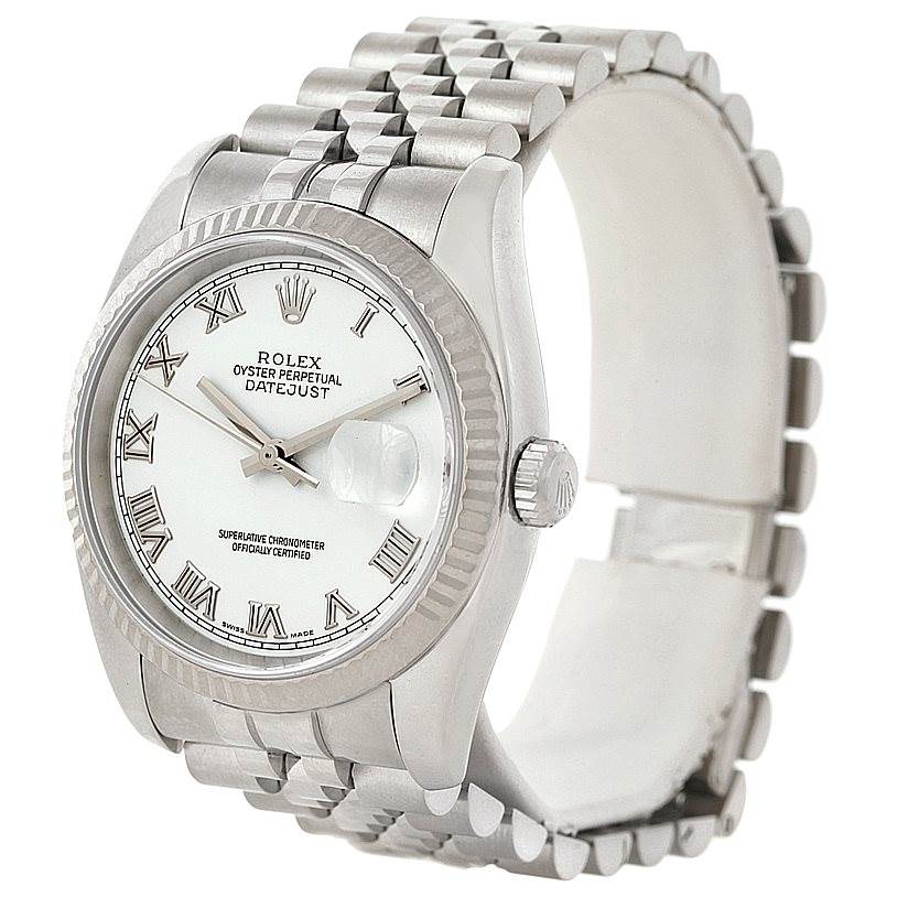 The image shows a Rolex Datejust 116234 Men
s Stainless Steel White Dial 116234 Men
s Stainless Steel White Dial watch from a front angle, highlighting its dial, bezel, and bracelet.
