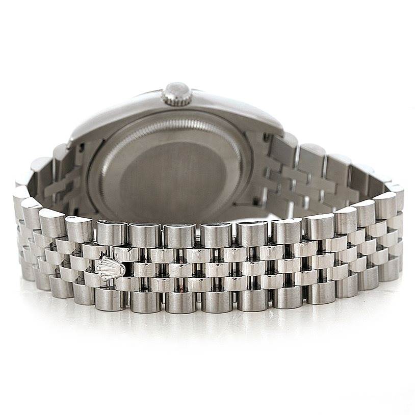 The image shows the back view of the Rolex Datejust 116234 Men
s Stainless Steel White Dial 116234 Men
s Stainless Steel White Dial watch, highlighting its case back and Jubilee bracelet.