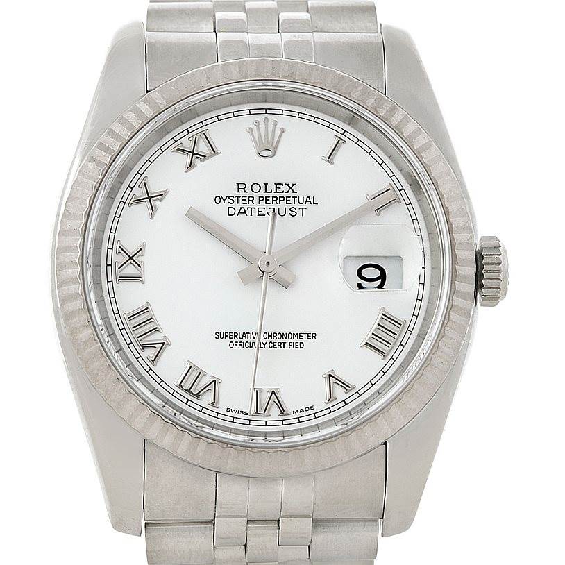 The image shows a Rolex Datejust 116234 Men
s Stainless Steel White Dial 116234 Men
s Stainless Steel White Dial watch viewed from the front, displaying its dial, hands, bezel, crown, and bracelet.