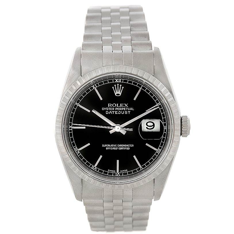 The image shows a frontal view of a Rolex Datejust 16220 Men
s Stainless Steel Black Dial 16220 Men
s Stainless Steel Black Dial watch featuring a black dial, date window, and silver bracelet.