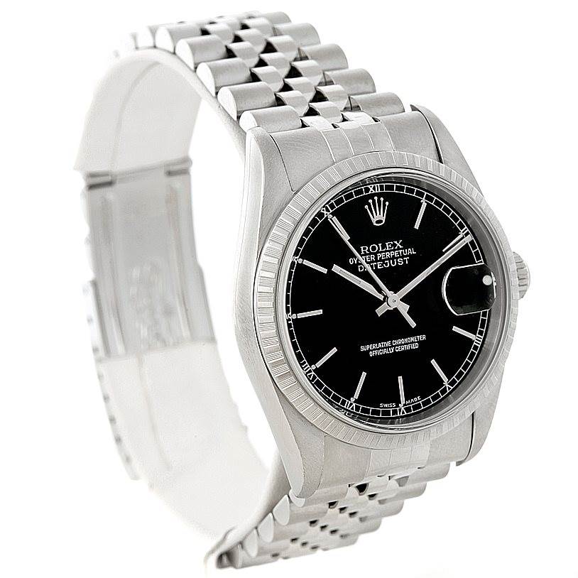 The image shows a Rolex Datejust 16220 Men
s Stainless Steel Black Dial 16220 Men
s Stainless Steel Black Dial watch at a three-quarter angle, displaying the face, bezel, crown, and bracelet.
