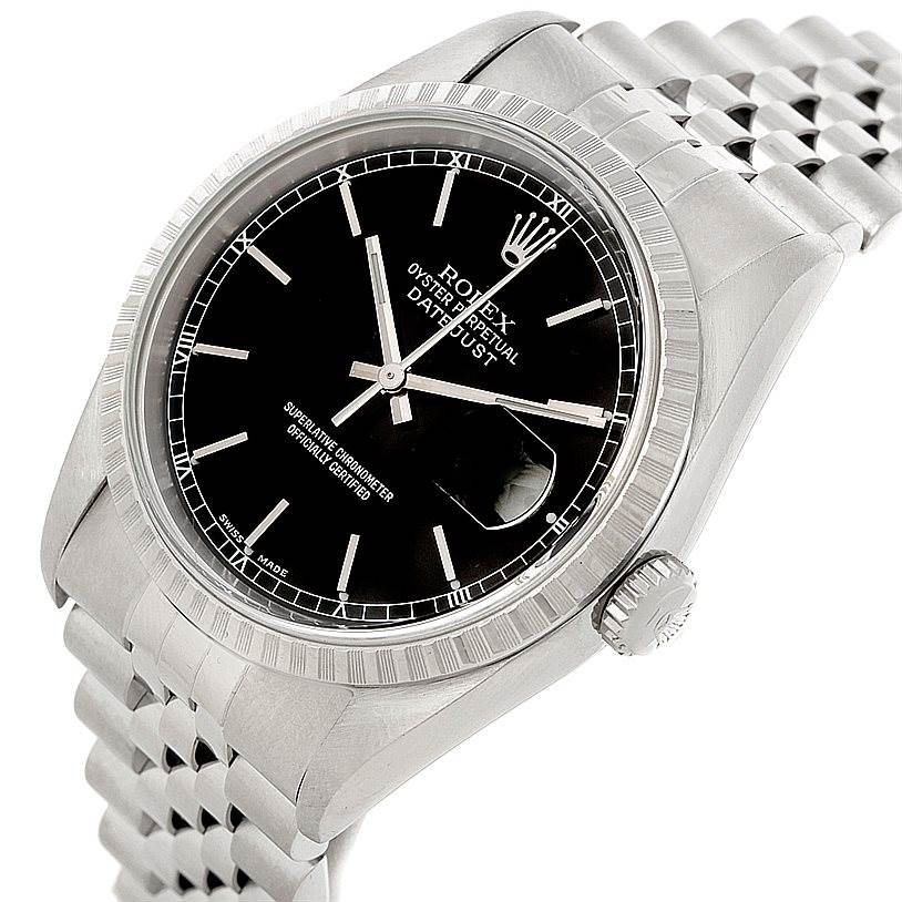 The Rolex Datejust 16220 Men
s Stainless Steel Black Dial 16220 Men
s Stainless Steel Black Dial watch is shown at an angled view, highlighting the black dial, fluted bezel, crown, and Jubilee bracelet.