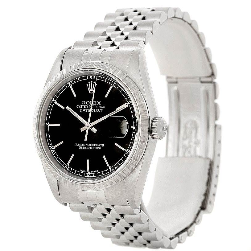 This Rolex Datejust 16220 Men
s Stainless Steel Black Dial 16220 Men
s Stainless Steel Black Dial watch is shown at a three-quarter angle, highlighting the black dial, bezel, crown, and partial bracelet.