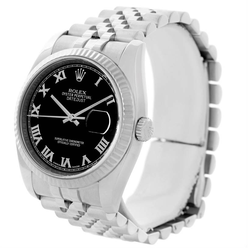 The image shows a frontal angle of a Rolex Datejust 116234 Men
s Stainless Steel Black Dial 116234 Men
s Stainless Steel Black Dial watch, displaying the face, bezel, and bracelet.