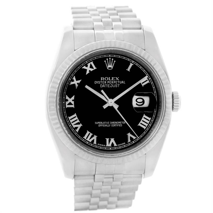 The image shows a front view of a Rolex Datejust 116234 Men
s Stainless Steel Black Dial 116234 Men
s Stainless Steel Black Dial watch, highlighting its black dial, Roman numerals, date window, and Jubilee bracelet.