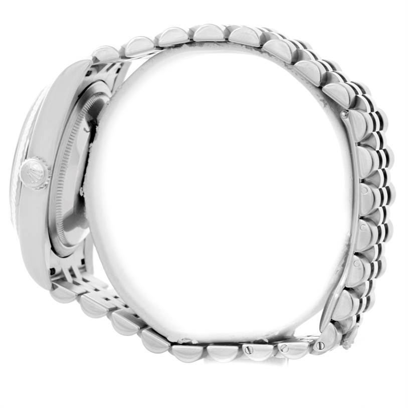 The image shows a side view of a Rolex Datejust 116234 Men
s Stainless Steel Black Dial 116234 Men
s Stainless Steel Black Dial watch, highlighting the crown and the Jubilee bracelet.