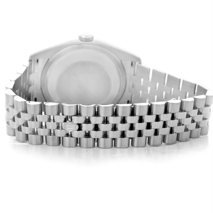 This image shows the back view of a Rolex Datejust 116234 Men
s Stainless Steel Black Dial 116234 Men
s Stainless Steel Black Dial watch, highlighting its case back and Jubilee bracelet.