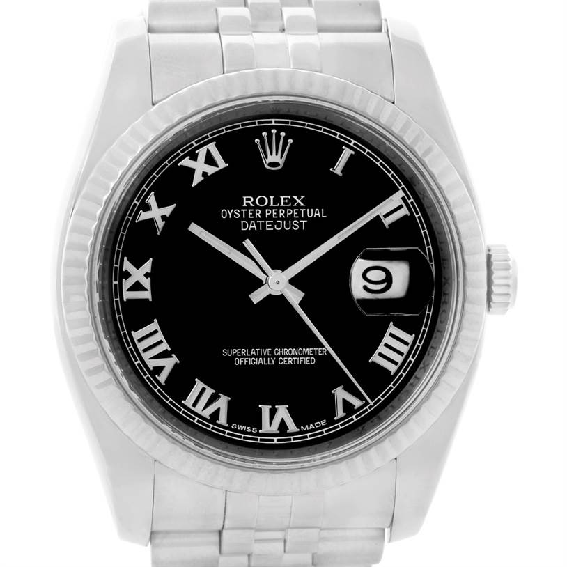 The image shows a front view of a Rolex Datejust 116234 Men
s Stainless Steel Black Dial 116234 Men
s Stainless Steel Black Dial watch, highlighting its black dial, Roman numerals, and date window.