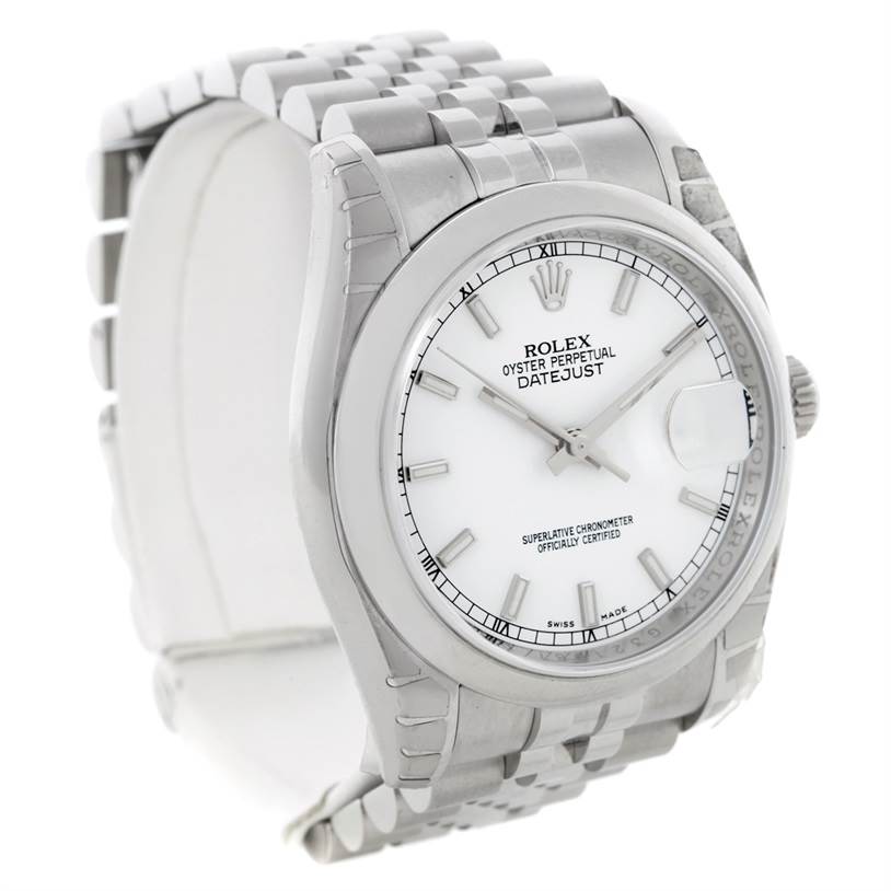 The image shows a close-up view of a Rolex Datejust 116200 Men
s Stainless Steel White Dial 116200 Men
s Stainless Steel White Dial watch, displaying the dial, bezel, case, and part of the bracelet.